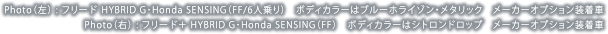 Photo（左）：フリード HYBRID G・Honda SENSING（FF/6人乗り）ボディカラーはブルーホライゾン・メタリック　メーカーオプション装着車　Photo（右）：フリード＋HYBRID G・Honda SENSING（FF）ボディカラーはシトロンドロップ　メーカーオプション装着車